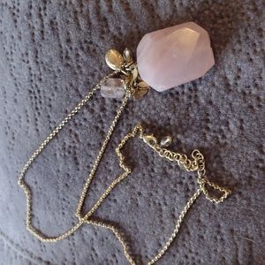 Multi Charm Rose Quartz Necklace, Unsigned, Gold Tone, Unique, Feathers, Locket